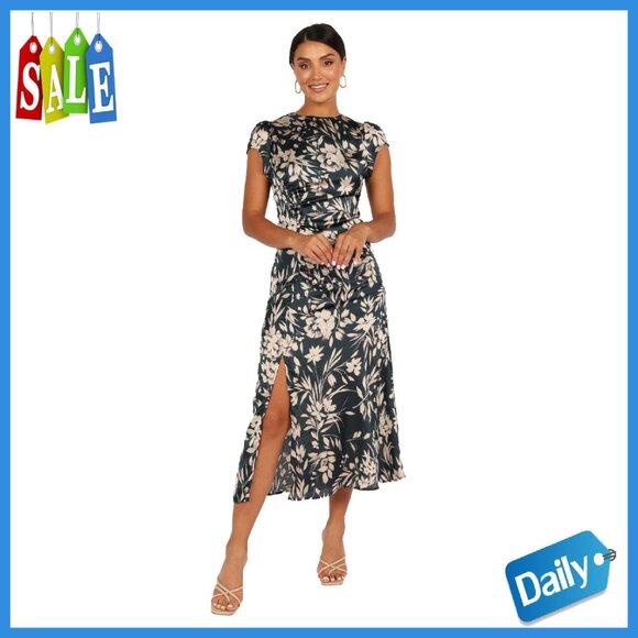 Midi Dress with Round Neck Short Sleeves Back Button Zip Closure